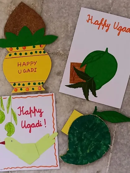 A collection of Ugadi-themed artwork, including a traditional kalasha and mango-themed cards. These crafts are a wonderful way for children to learn about the new year festival.