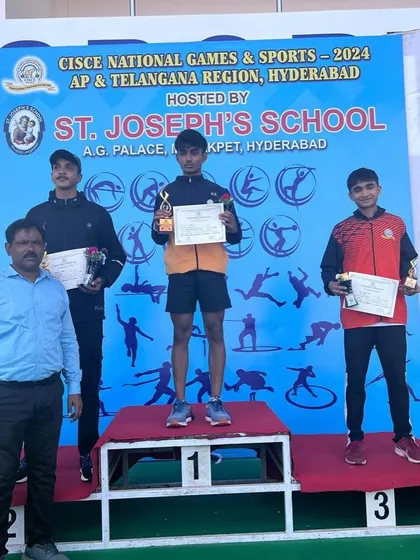 Yuv Vora on the podium after winning double bronze in the 100m and 4x100m relay at the CISE Nationals in Hyderabad.