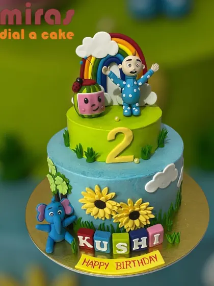 This cheerful two-tier Cocomelon cake is full of fun, featuring JJ, the signature watermelon TV, and other friends from the show. Bright colors, playful details, and personalized name blocks make it a hit with toddlers.
