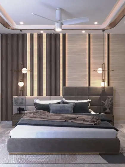 This render shows the bed and wardrobe area, highlighting the combination of fluted wood panels and light-colored laminates. The curved false ceiling design adds a soft, elegant touch.