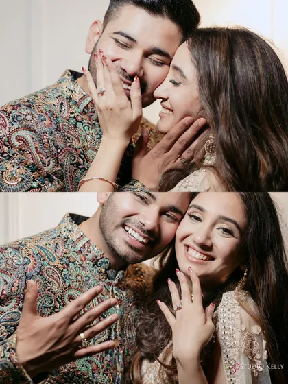 A collage of the couple showing off their engagement rings with happy, playful expressions.