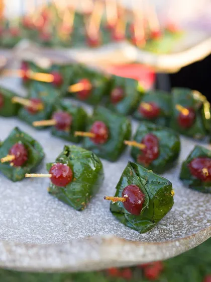 A close-up of our elegantly prepared sweet paan. This traditional Indian treat is a perfect, flavourful end to any celebratory feast.
