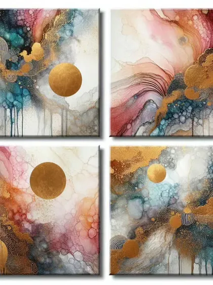 This four-panel abstract art collection uses colorful inks to create a dynamic and fluid composition. We offer a variety of multi-panel artworks to fit different spaces and styles.