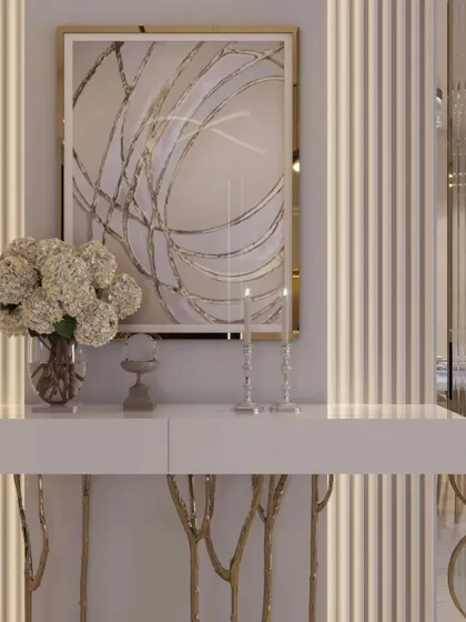 Another render of the foyer, exploring a different console design with delicate, branch-like legs.