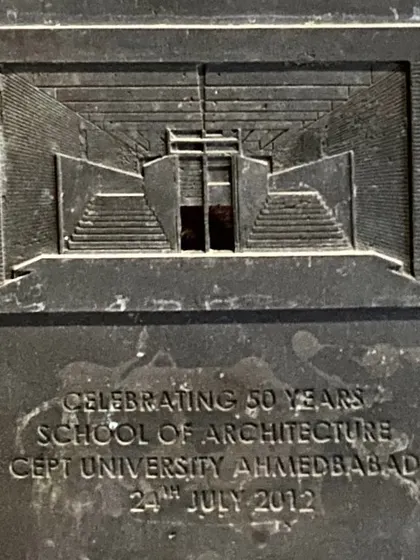 A commemorative plaque celebrating 50 years of the School of Architecture at CEPT.
