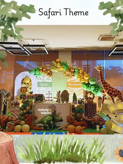 Aarit and Reyansh celebrated their third birthday with a joint safari and dinosaur party. This massive setup included everything from giraffes and elephants to a T-Rex, creating a prehistoric jungle for the two birthday boys.