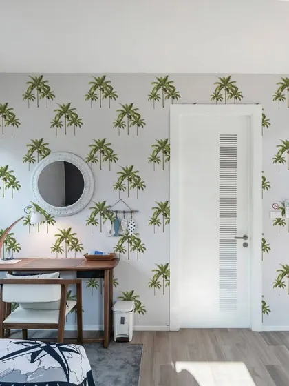 This home office is brightened up with our Watercolor Palm Tree wall stickers. The pattern adds a touch of creativity and nature to the workspace.