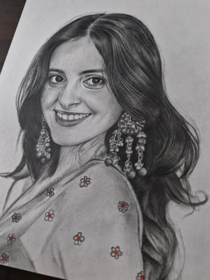 This paid commission features a woman with a bright smile and elaborate earrings, with a subtle touch of color.