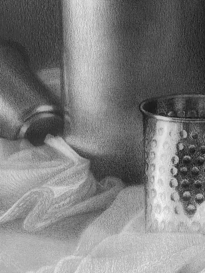 A detail shot focusing on the reflections in the hammered copper glass.
