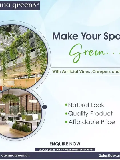 Make your space green with my artificial vines, creepers, and bushes. This collage shows two office spaces where hanging plants from the ceiling create a more natural and productive work environment.