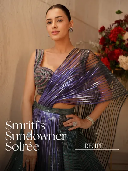 A breakdown of Smriti's sundowner soirée look. This graphic introduces the products used to create this timeless soft glam style.