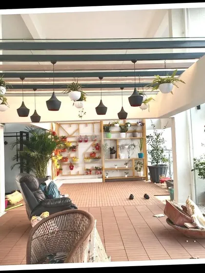 This is the final result of a 700 sq ft terrace transformation in Belapur. I designed this as a 'vacation space' within the home, a place to relax and entertain, complete with custom pergola, ambient lighting, and plenty of greenery.