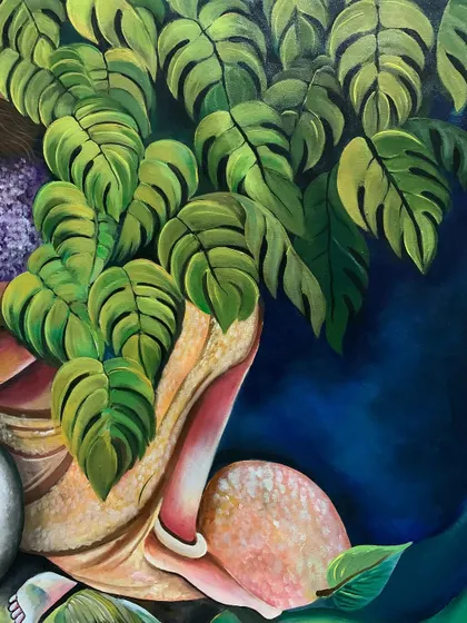 Detail of the monstera leaves and the texture of the saree.