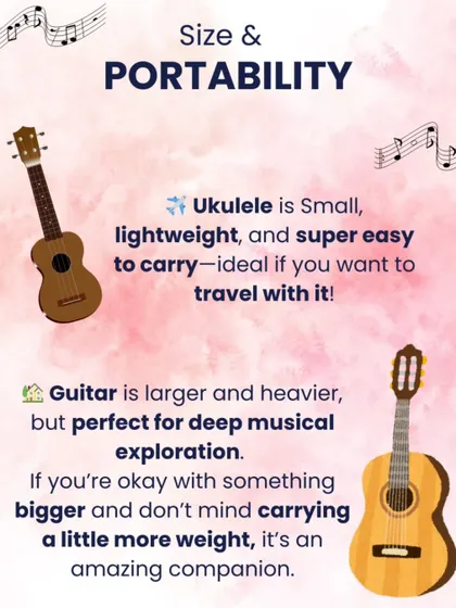 A look at size and portability. The ukulele is small and lightweight, ideal for travel, while the guitar is larger but perfect for deep musical exploration.