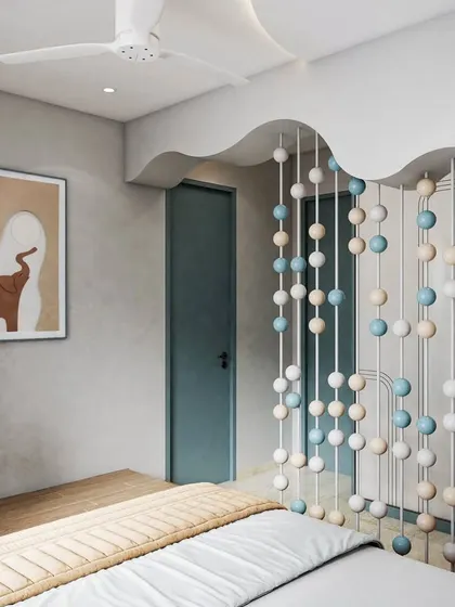 Another 3D view of the kid's room, highlighting the abstract elephant art and the creative space divider that adds a playful element while defining zones.