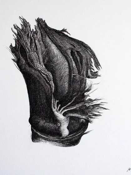 This drawing by Arpita Bhavsar has the detailed, organic quality of a scientific illustration, yet it feels entirely abstract. The artist describes it as a "slow but sturdy wooden animation," a form emerging from the page.