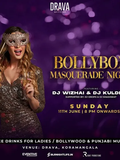 A poster for a 'Bollybox Masquerade Night'. These events add a touch of mystery and elegance to the party, with everyone hiding behind a mask while dancing to their favorite Bollywood and Punjabi tracks.