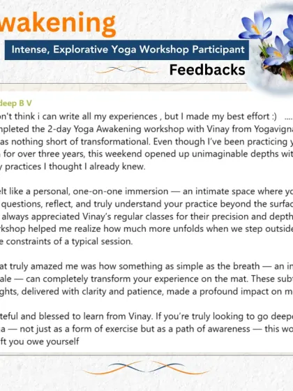 A heartfelt review from a participant of the Awakening Workshop. He shares how the two-day immersion opened up "unimaginable depths" in practices he thought he already knew, highlighting the transformative power of stepping outside time constraints.
