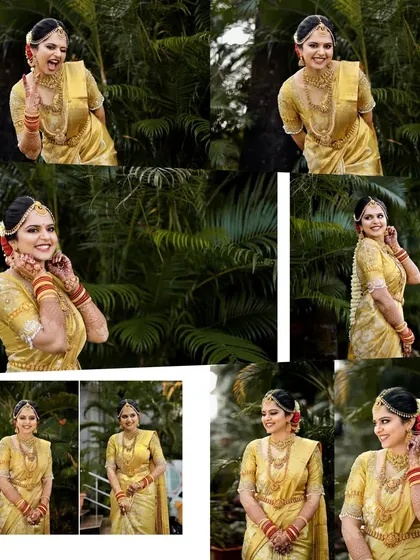 A dynamic photo collage capturing the many moods of the bride in her golden wedding saree, from laughter to elegant poses.