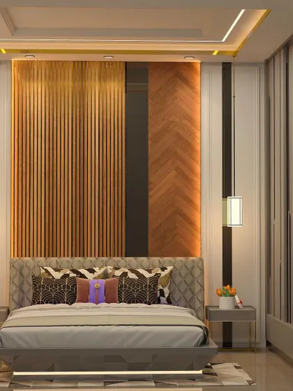 A luxurious master bedroom concept featuring a mix of materials. The headboard wall combines vertical wood slats with a chevron-patterned panel, creating a rich and dynamic backdrop for the tufted bed.