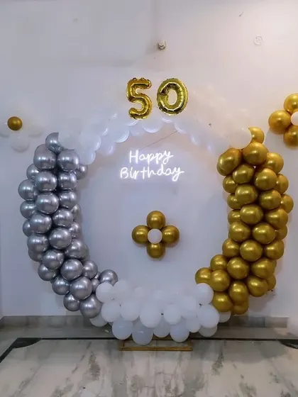 A full view of the 50th birthday setup in a home environment.
