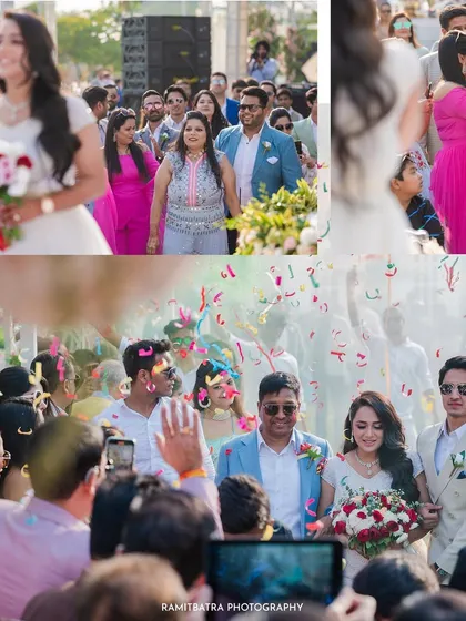 A collage of the bride and groom's joyful entrance, walking through a crowd of cheering guests under a shower of confetti.