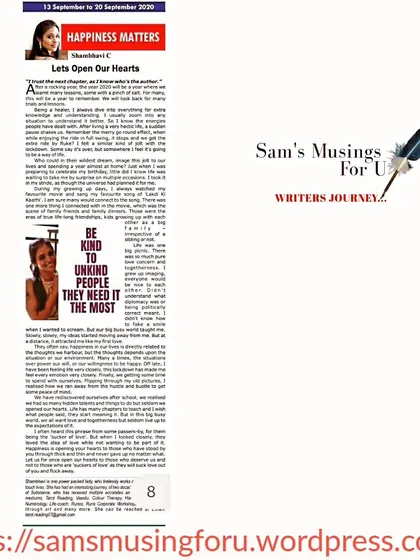 My column titled "Lets Open Our Hearts." These musings are filled with pearls of wisdom that I am excited to soon share in a book format.
