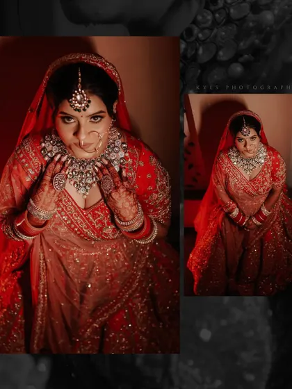 A dramatic bridal portrait collage with a bride in a rich red lehenga. The use of deep shadows and intense red tones creates a powerful and captivating look.