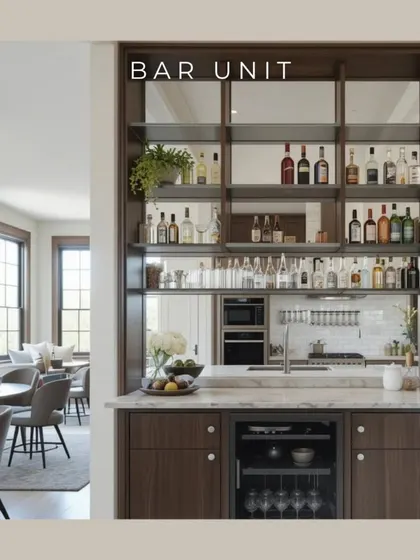 A bar unit can be an innovative and functional room divider. It creates a social hub that separates living and dining areas while providing a practical and stylish space for entertaining.