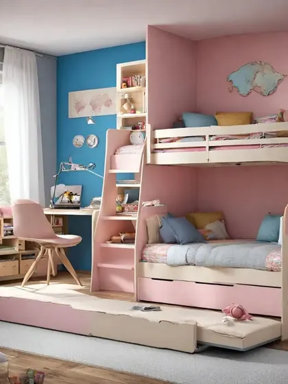 This shared kids' room was designed for maximum space efficiency in an apartment. The custom bunk bed includes a pull-out trundle, integrated shelving, and a small desk, providing equal opportunities for study and play for a brother and sister.