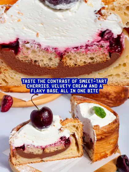 A single bite of my Cherry Trifle offers a contrast of sweet-tart cherries, velvety cream, and a flaky croissant base. It's a complex and satisfying dessert.