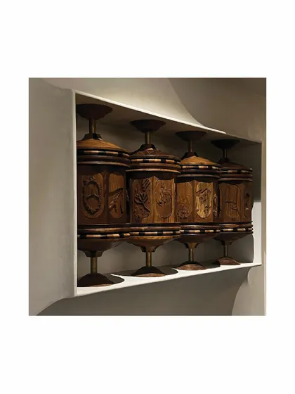 In a transitional passageway, we commissioned this Buddhist Prayer Wheel-inspired sculpture. Each wheel is meticulously hand-carved with depictions from the life of Shiva, creating a modern, poetic, and interactive art piece.