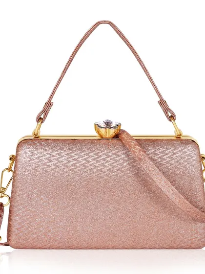 A front view of a pink textured clutch on a white background, showing the handle, clasp, and detachable strap clearly.