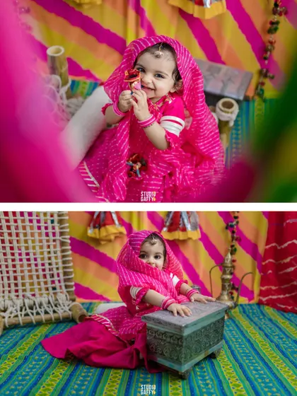 More beautiful shots from our Rajasthani-themed shoot, capturing this little one's sweet smiles and traditional look.