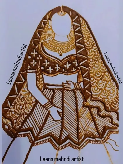 The completed faceless bride figure, a popular style in modern bridal mehndi. The focus here is on the ornate clothing and jewelry, with detailed patterns on the dupatta and blouse.