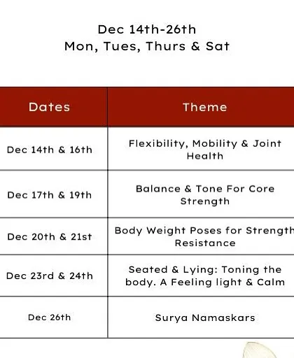 The detailed theme-based schedule for my December online series. We cover everything from flexibility and core strength to bodyweight resistance and restorative poses.