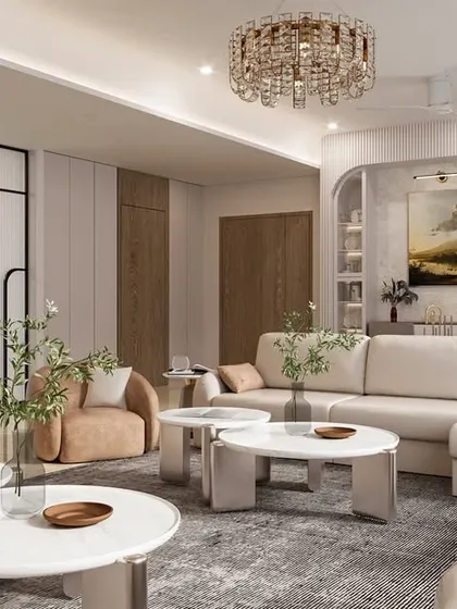 A 3D render of a serene living room with a neutral color palette. The sofa back wall stands out with unique marble and veneer paneling, creating a stunning focal point.