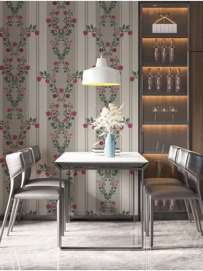 This wallpaper combines classic vertical stripes with a delicate floral vine pattern. It's a beautiful and elegant choice for a dining area, adding a touch of formal charm.