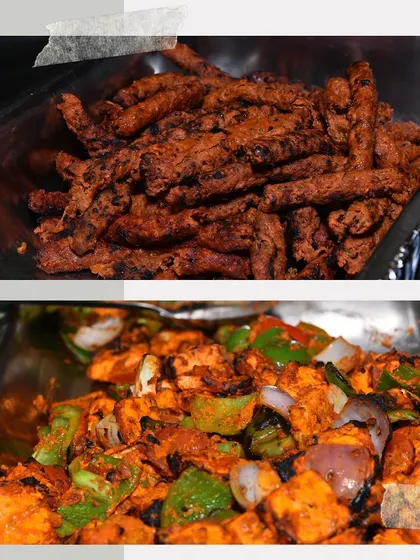 A look at two of our popular tandoori starters. On top, flavorful soya chaap, and below, classic paneer tikka with peppers and onions.