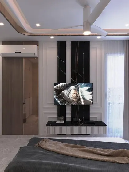 Another view of the Patel Nagar bedroom render, showcasing the TV wall with black marble accents and classic white molding. The design is a beautiful blend of modern and classic elements.