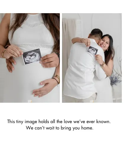 A touching diptych showing a close-up of the sonogram on the baby bump and the couple's joyful hug.