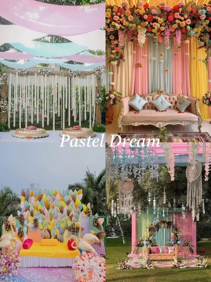 A mood board for a 'Pastel Dream' theme. This concept uses soft, dreamy pastel colors for a whimsical and romantic pre-wedding celebration.