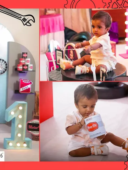 A collage from Srijay's mechanic-themed first birthday, showing him playing with props like a "Motor Oil" can.