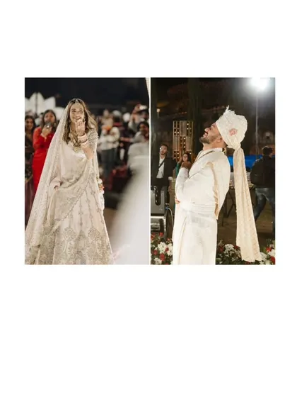 A diptych capturing the joyful, candid reactions of the bride and groom during their Varmala ceremony.