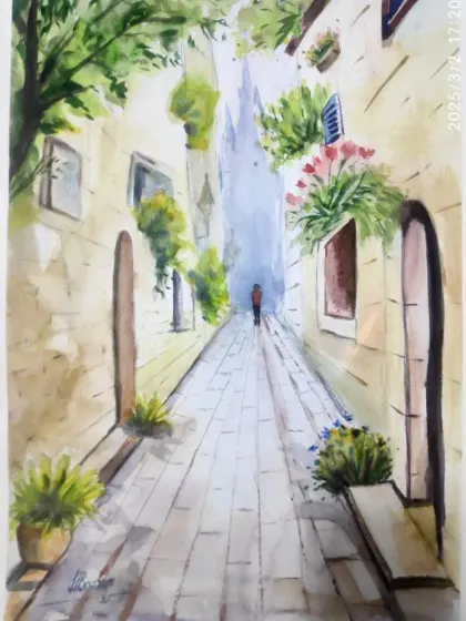 A beautiful watercolor landscape by Harinder ma'am from our hobby class. Her painting of a quiet European alley shows a wonderful sense of perspective and atmosphere.