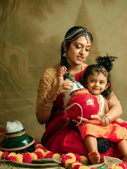 A tender moment during our Krishna-themed photoshoot. The details in the costumes and set design bring this story to life.