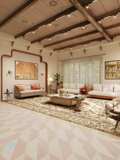 Another view of the haveli's living space, highlighting the seamless integration of traditional art and modern comfort. The design emphasizes natural light and open flow, making the large room feel both grand and intimate.