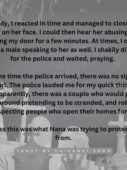 A story of a grandfather's dream warning his granddaughter not to open the door to a stranger, saving her from a robbery.