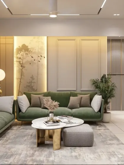 A living room designed with a soothing green sofa as the centerpiece. We paired it with neutral tones, warm lighting from a modern floor lamp, and subtle wallpaper to create a balanced and relaxing environment.