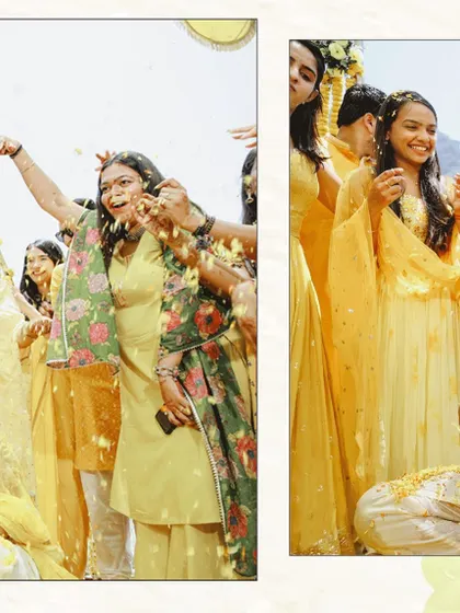 More joyful moments from a Haldi ceremony, with guests laughing and showering the couple with flower petals. These images convey the strong sense of community and celebration.